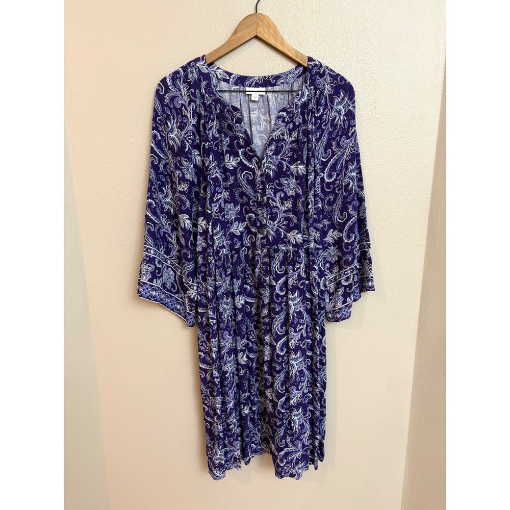 J. Jill Paisley Henley Dress XL Purple Boho Sleeve Midi Summer Coastal